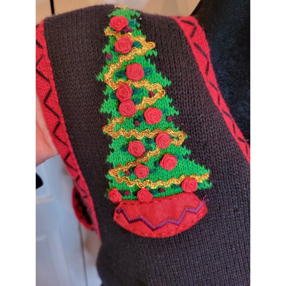 Vintage 90s/Y2K Black Christmas Tree Vest Beaded Bows MP Glam Retro Festive - Picture 3 of 8